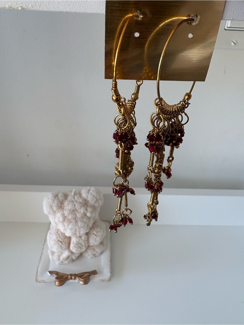 Gold-Tone Red Beaded Dangle Hoop Earrings - Women Jewelry